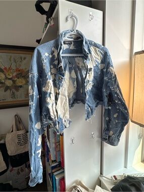 Hand-bleached Arrow Blue and White Distressed Cropped Denim Shirt